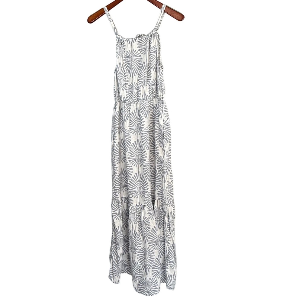 Joie Blue White Palm Print Linen Blend Tiered Maxi Dress XS resort beach coastal